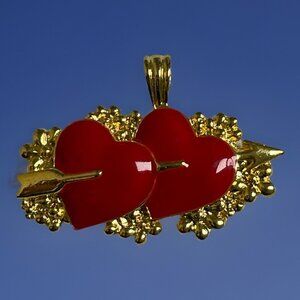 VTG 1995 BG Red Enamel Arrow Through Double Hearts Pendant Gold-Tone Valentines